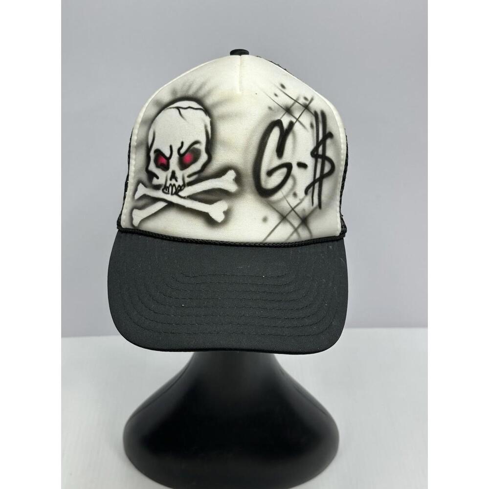 Vintage Nissin Hat Foam Mesh Rope‎ Snapback Airbrush Trucker Skull & Crossbones
